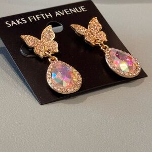 Saks Fifth Avenue Gold Butterfly Earrings with Iridescent Stones